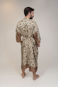 Mens Beige Brown Floral Silk Long Kimono Robe Floor Length