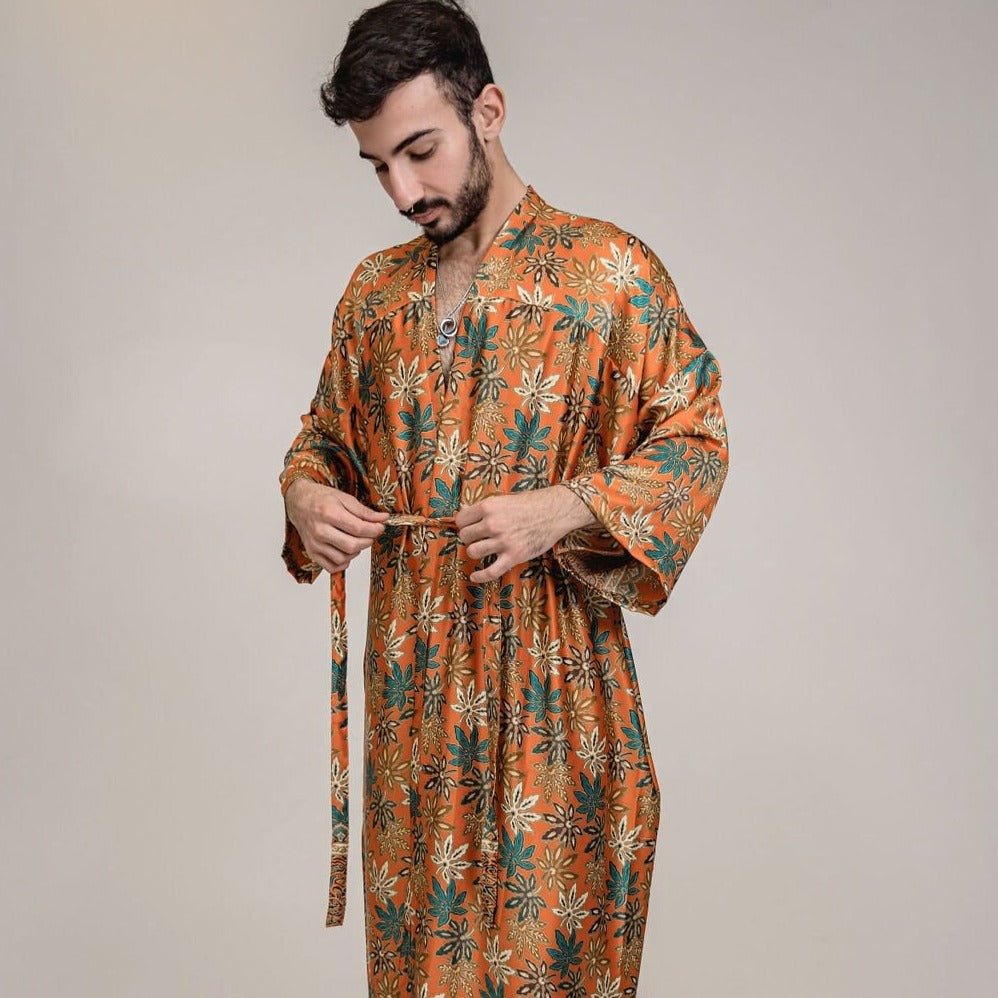 Mens Orange Blue Floral Silk Long Kimono Robe