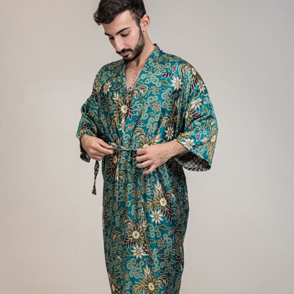 Mens Teal Blue Floral Silk Long Kimono Robe Floor