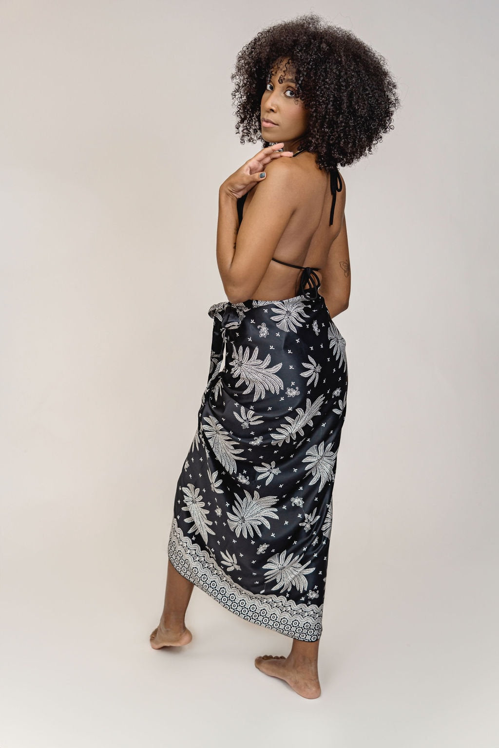 Black White Floral Silk Tie Wrap Long Skirt Womens