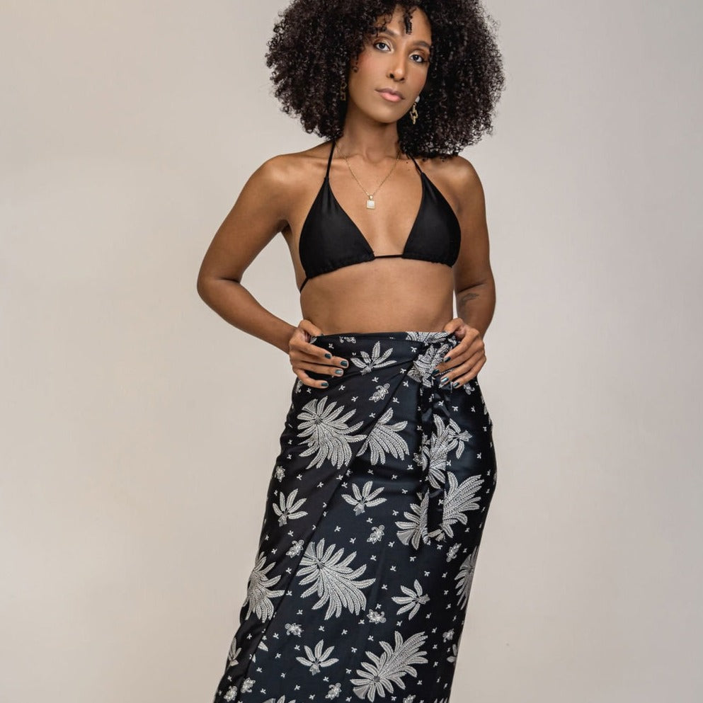 Black White Floral Silk Tie Wrap Long Skirt Womens