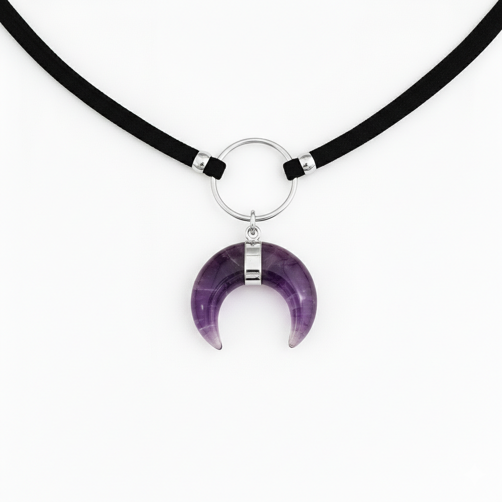 ASTRA Amethyst Crescent Moon O Ring Choker Silver