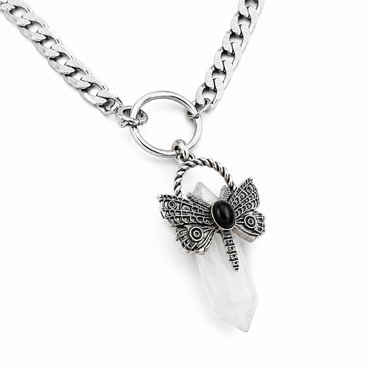 XAYA Crystal Quartz Moth Pendant Choker Necklace Silver