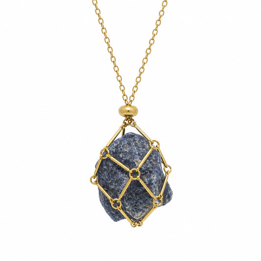 AZUREA Raw Sodalite Stone Caged Pendant Necklace Gold