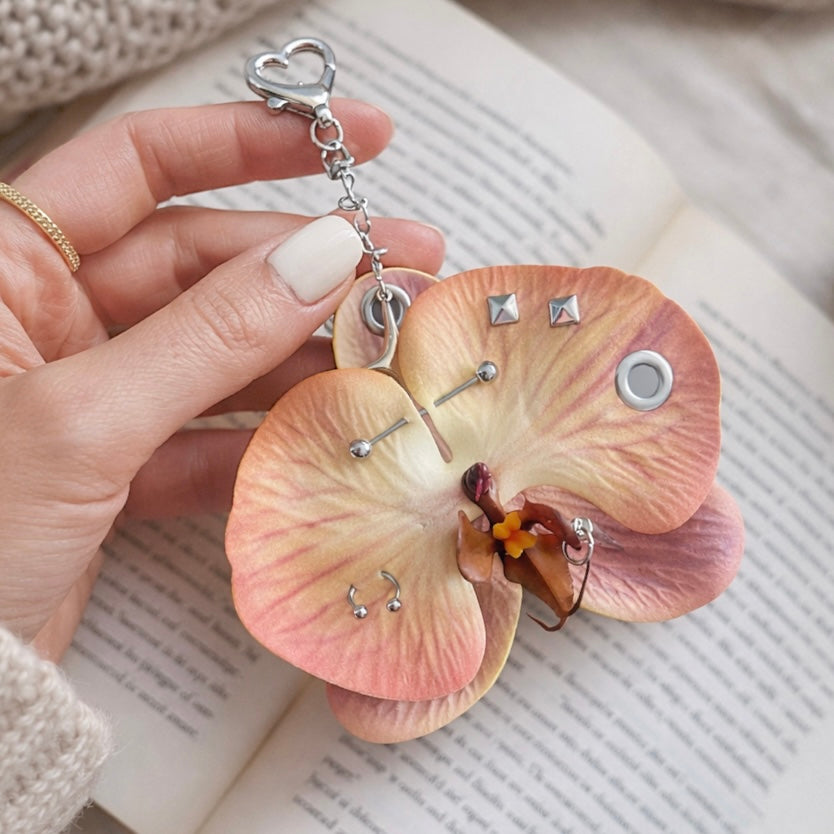ORCHIDIA Dark Peach Orchid Flower Keychain Bag Charm
