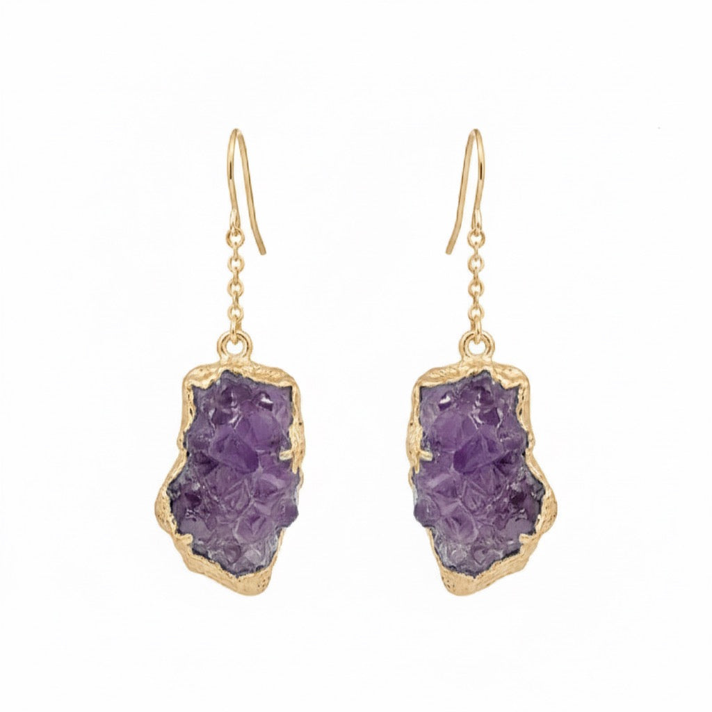 AMARA Raw Amethyst Cluster Chain Charm Earrings Gold