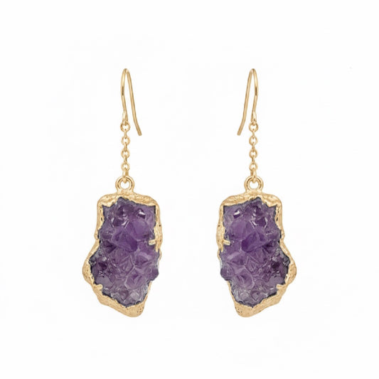 AMARA Raw Amethyst Cluster Chain Charm Earrings Gold