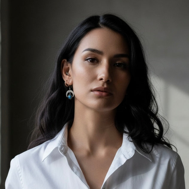 MOON SHADOW Blue Labradorite Dainty Moon Earrings Silver