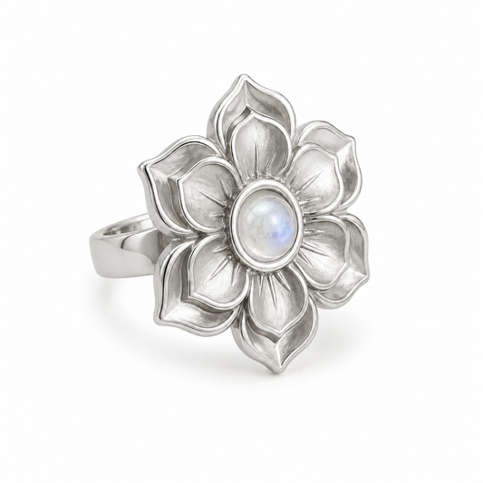 RISE Rainbow Moonstone Lotus Flower Ring Silver