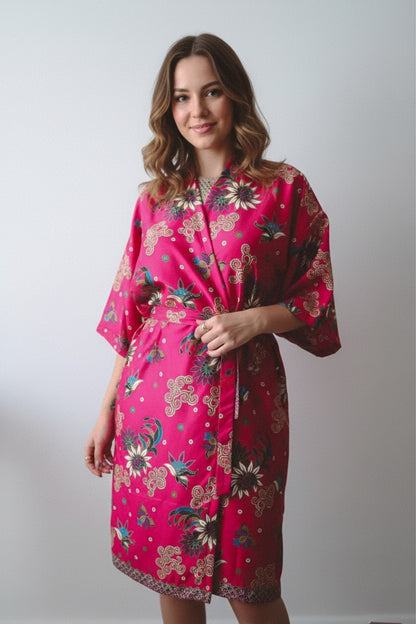 PLUMERIA Pink Floral Silk Kimono Robe