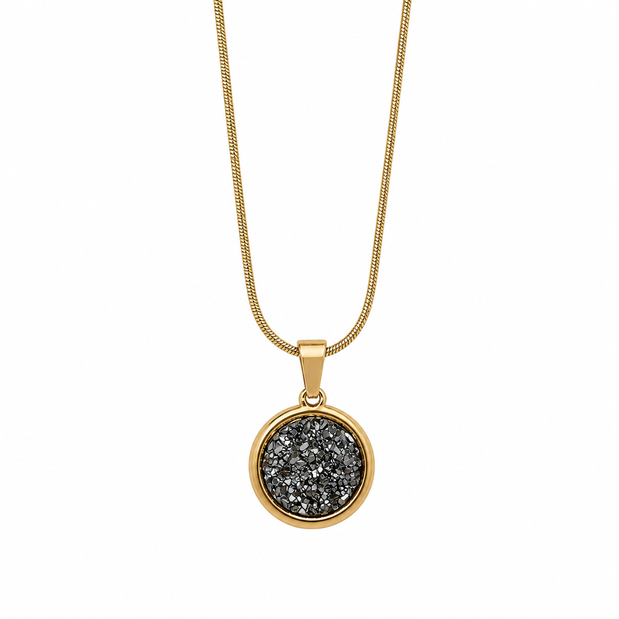 Gold necklace with a round pendant featuring black druzy on a white background