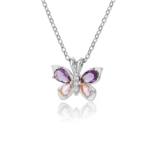 FLUTTER Pink Purple Crystal Butterfly Necklace Silver