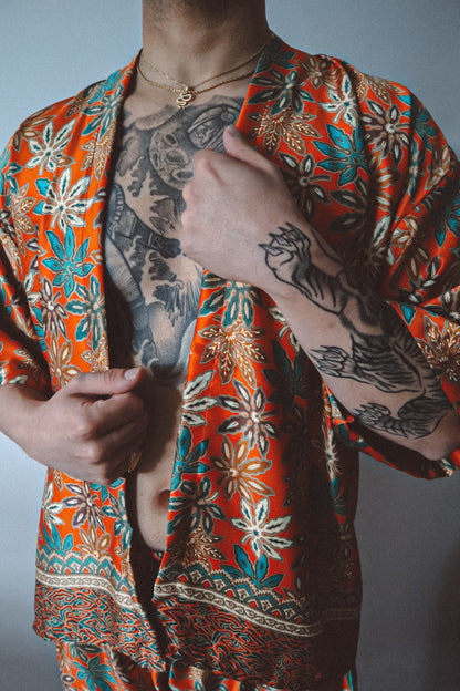 Burnt Orange Floral Silk Kimono Shorts Set Mens