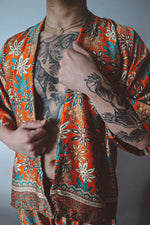Load image into Gallery viewer, Burnt Orange Floral Silk Kimono Shorts Set Mens

