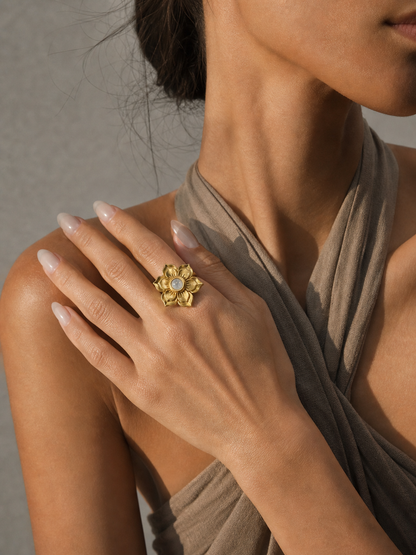 RISE Rainbow Moonstone Lotus Flower Ring Gold