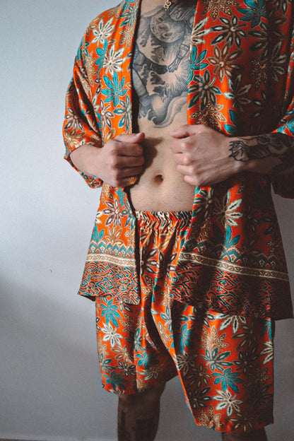 Burnt Orange Floral Silk Kimono Shorts Set Mens