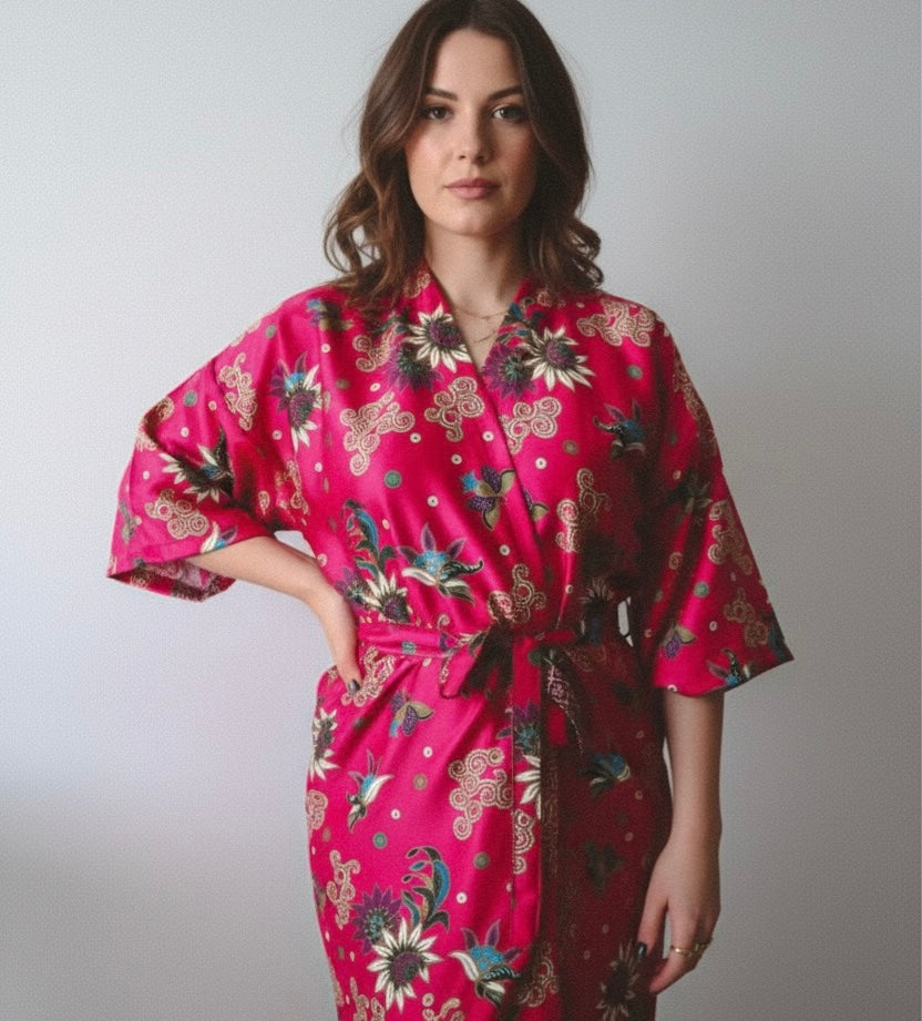 PLUMERIA Pink Floral Silk Kimono Robe