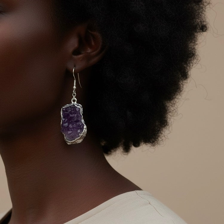 AMARA Raw Amethyst Cluster Dangle Charm Earrings Silver