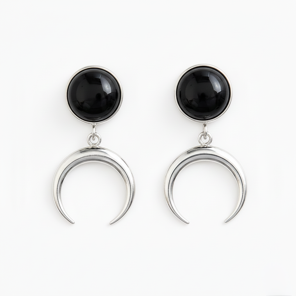 ANUK Black Onyx Crescent Moon Charm Earrings Silver
