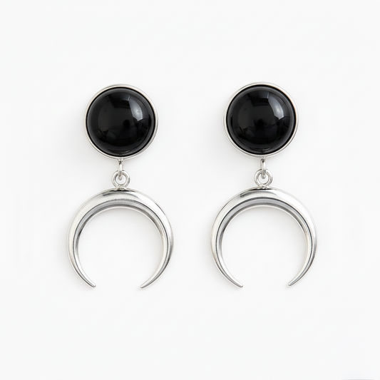 ANUK Black Onyx Crescent Moon Charm Earrings Silver