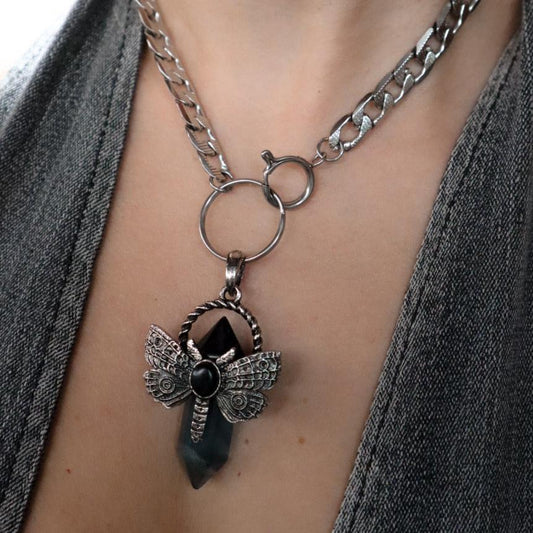 FLUORITE Moth Pendant Choker Necklace Silver