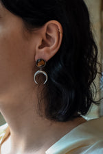 Load image into Gallery viewer, ANUK Tiger&#39;s Eye Stud Crescent Moon Earrings Silver
