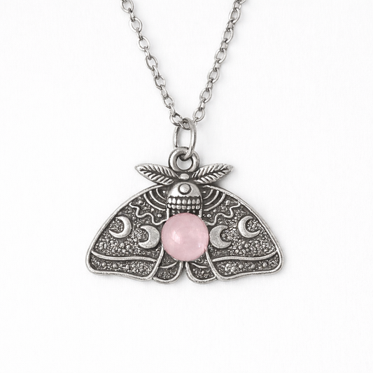 MOON MOTH Rose Quartz Pendant Necklace Silver