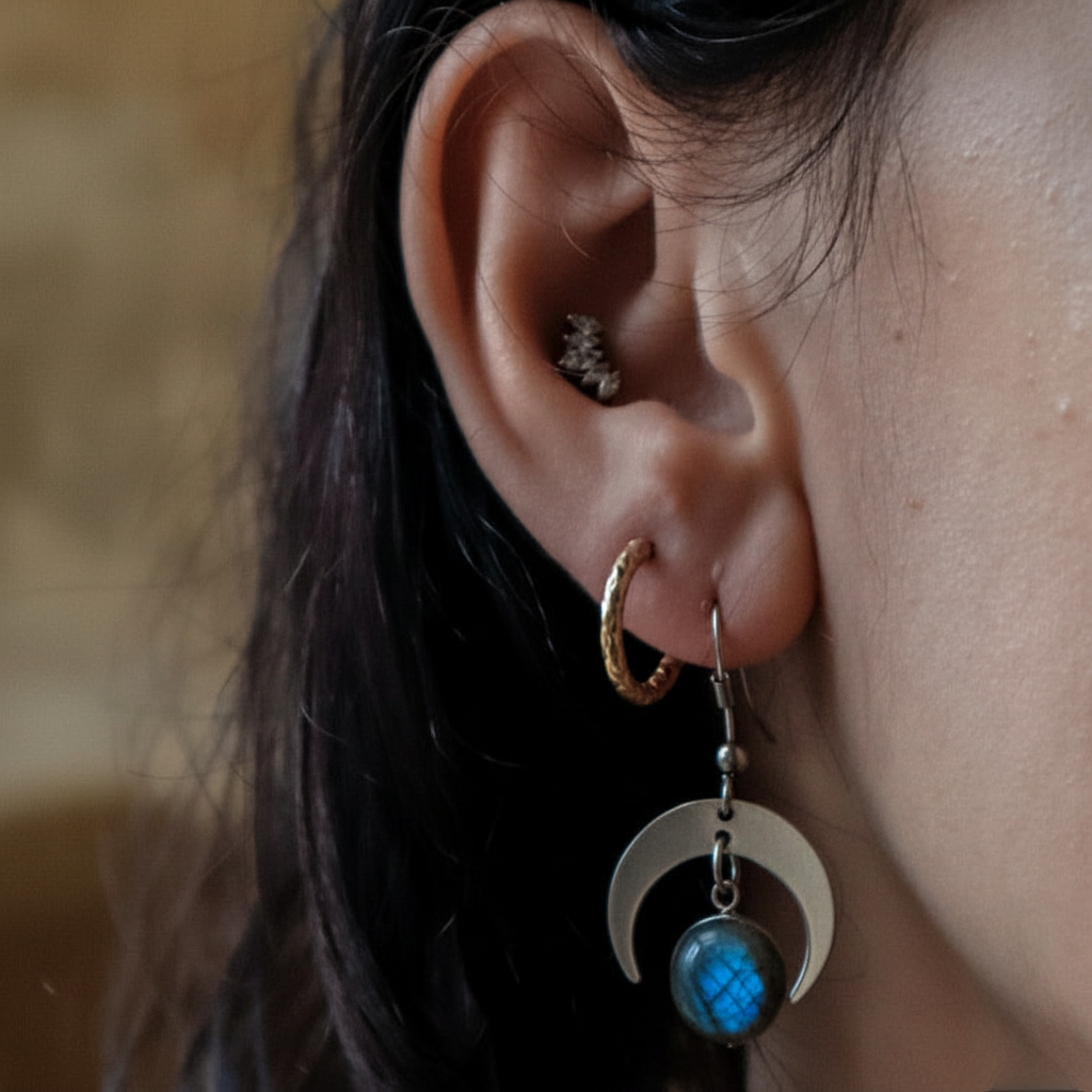 MOON SHADOW Blue Labradorite Dainty Moon Earrings Silver