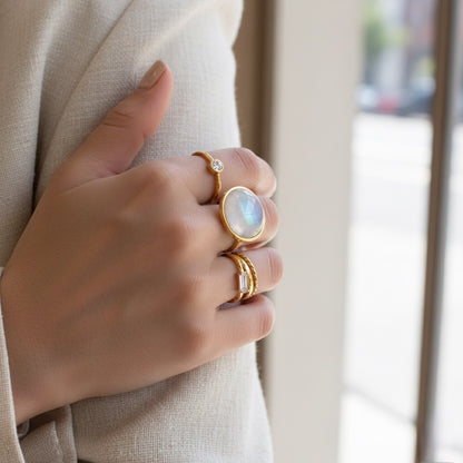 Bague de déclaration en pierre de lune arc-en-ciel - Or