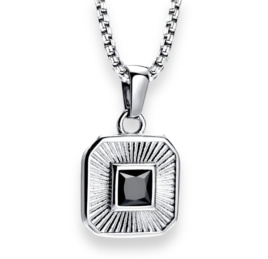 Square Enamel Pendant Chain Necklace - Silver