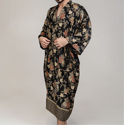 Herren Kimono-Robe aus Seide mit Blumenmuster, Schwarz/Gold/Rot