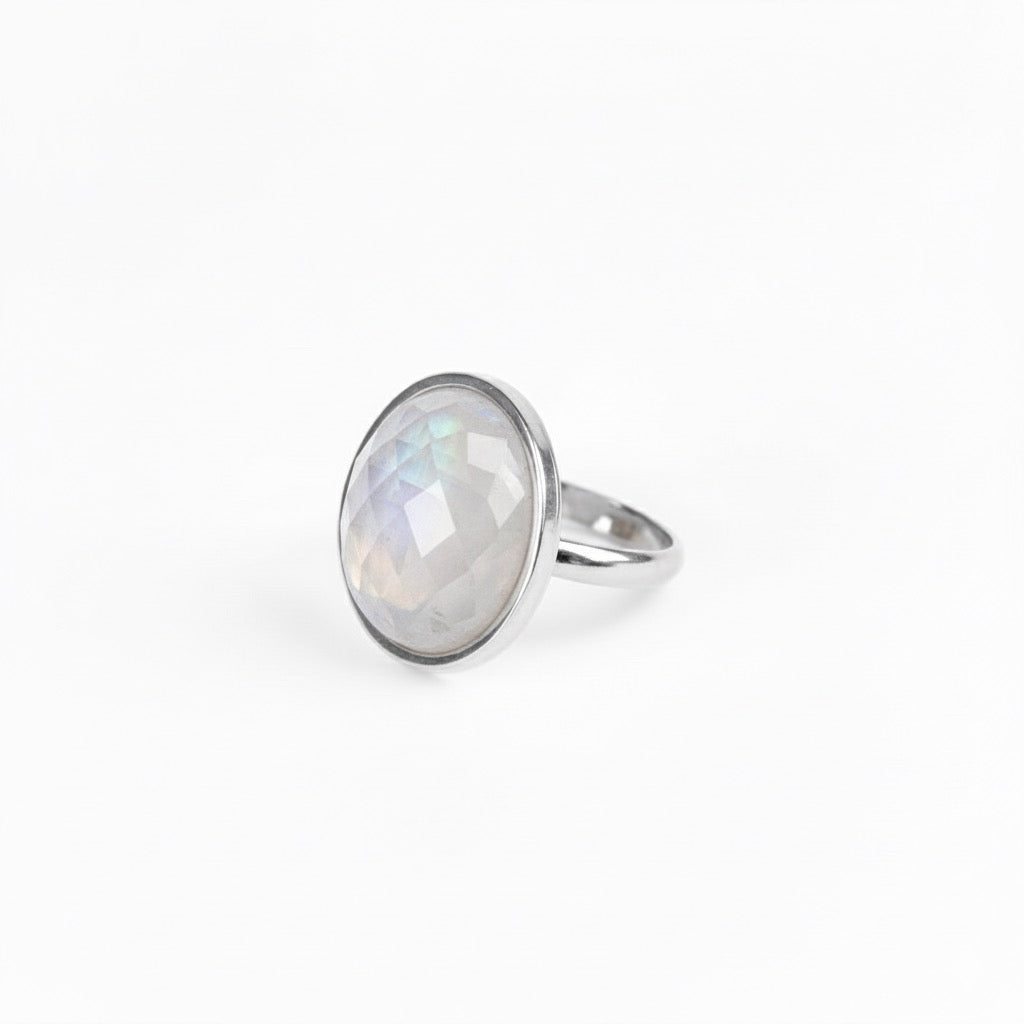 AYA Faceted Rainbow Moonstone Statement Ring Silver