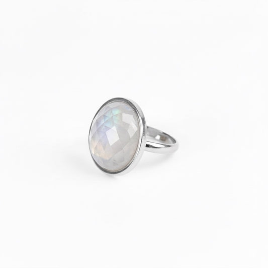 AYA Faceted Rainbow Moonstone Statement Ring Silver