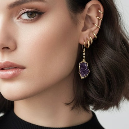 AMARA Raw Amethyst Cluster Chain Charm Earrings Gold