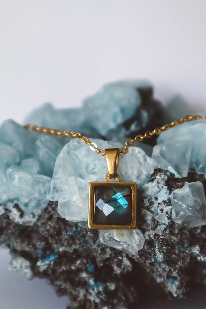 VARG Blue Labradorite Square Pendant Necklace - Gold