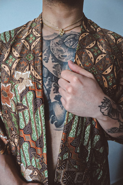 Brown Gold Silk Kimono and Shorts Set Mens - Earth Nomad