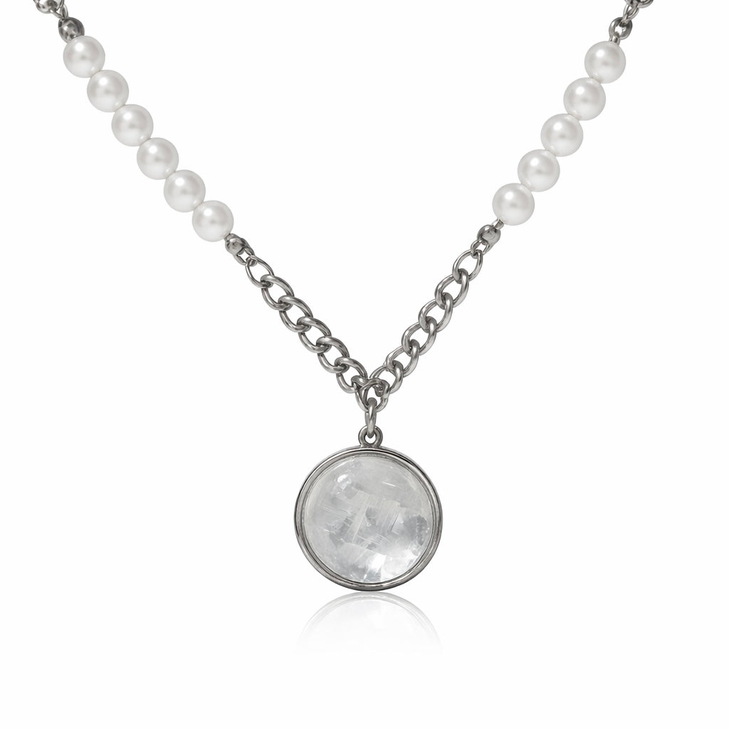 LUNAR DRIFT Rainbow Moonstone Cuban Chain & Pearl Necklace