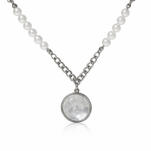 Necklace with white beads and a round silver pendant on a white background