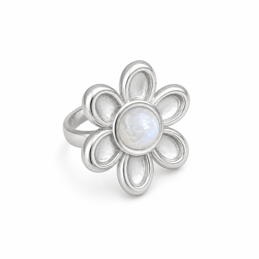 AZALEA Rainbow Moonstone Flower Ring Silver