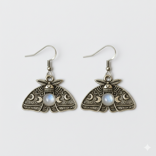 MOON MOTH Rainbow Moonstone Earrings Silver