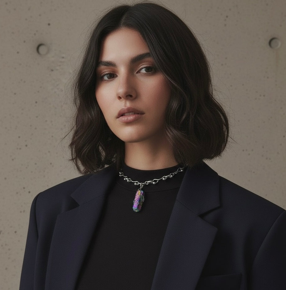 IONIS Raw Titanium Quartz Necklace Silver