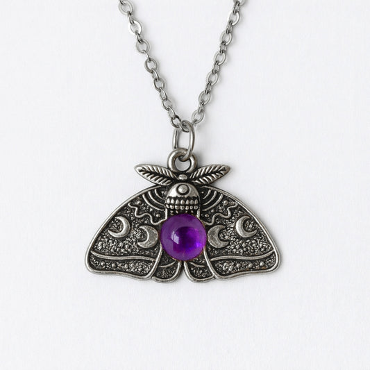 MOON MOTH Amethyst Pendant Necklace Silver
