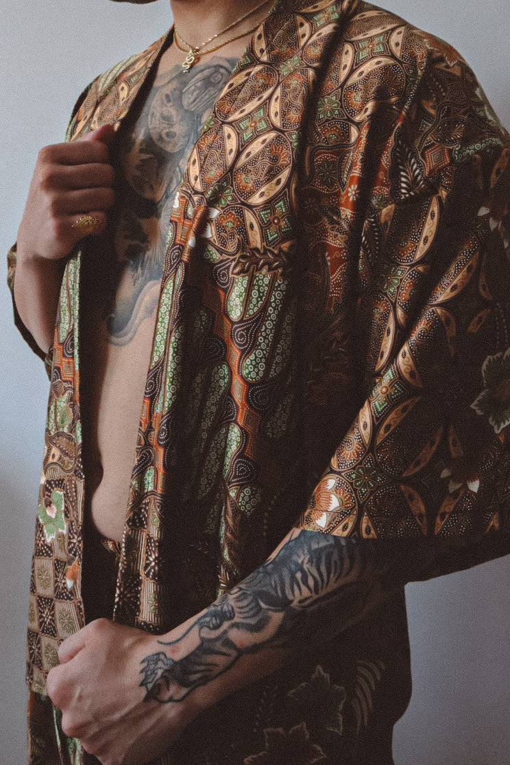 Brown Gold Silk Kimono and Shorts Set Mens - Earth Nomad