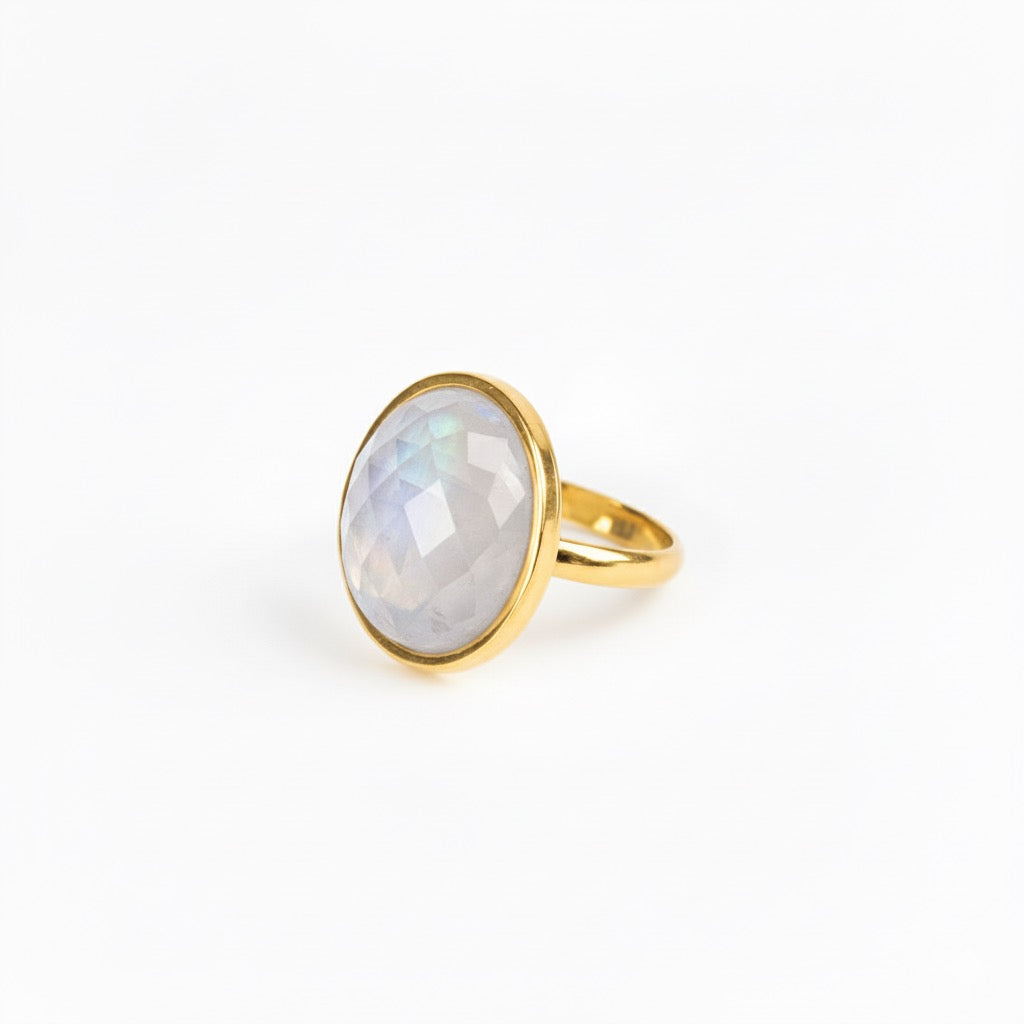 AYA Faceted Rainbow Moonstone Statement Ring Gold