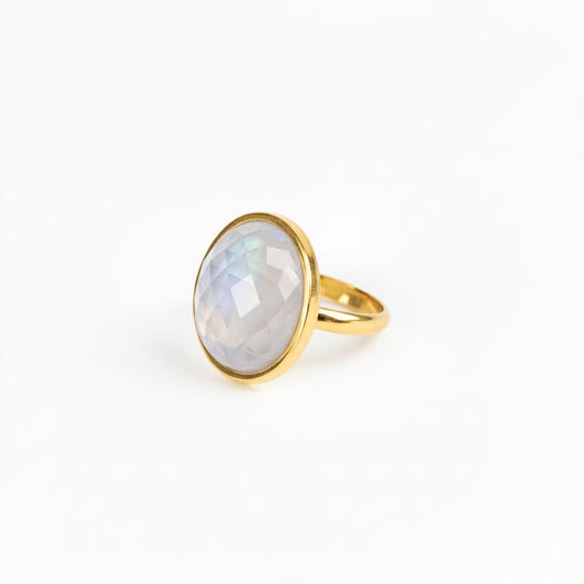 AYA Faceted Rainbow Moonstone Statement Ring Gold