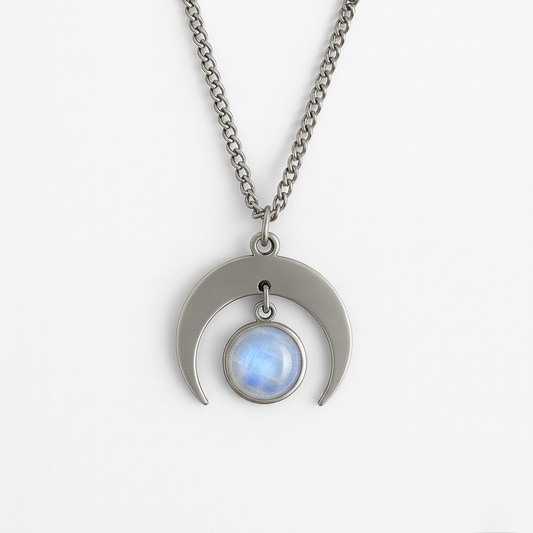 MOON SHADOW Rainbow Moonstone Crescent Moon Necklace Silver