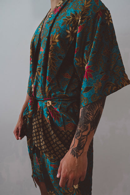 Ensemble kimono et short en soie bleu sarcelle pour homme