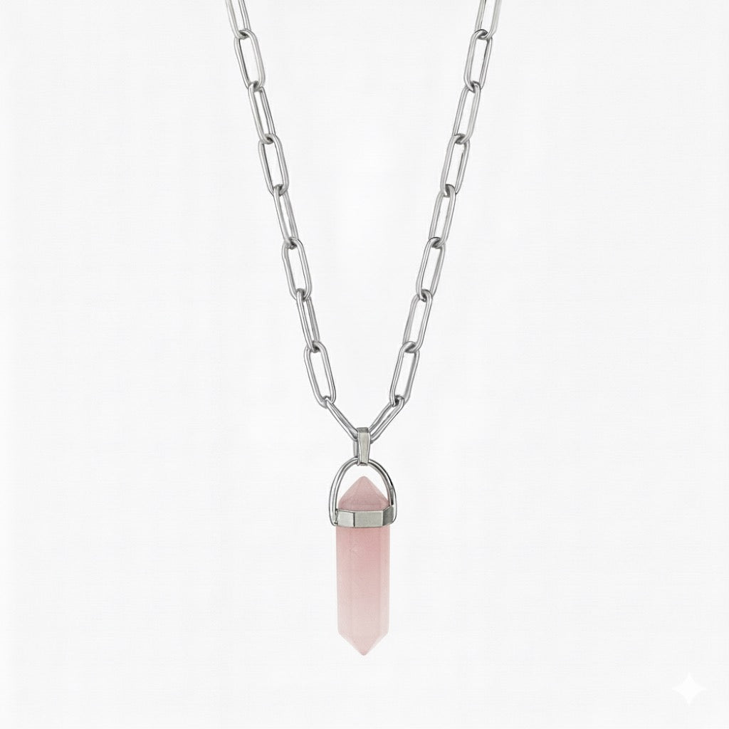 ECLIPSE Rose Quartz Point Paperclip Chain Necklace Silver
