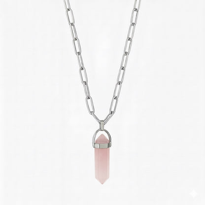 ECLIPSE Rose Quartz Point Paperclip Chain Necklace Silver
