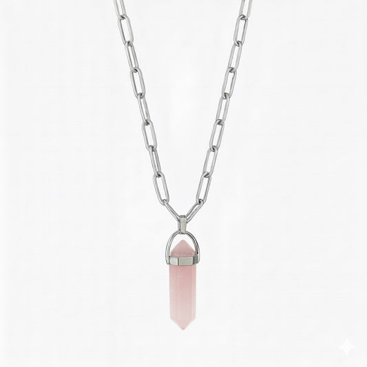ECLIPSE Rose Quartz Point Paperclip Chain Necklace Silver